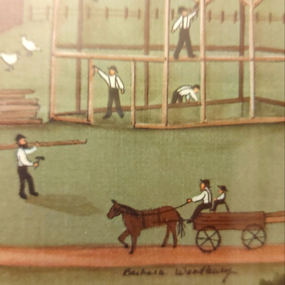 Barbara Woodbury Barn Raising Limited Edition Lithograph in Wood Frame. 296/1000 - Picture 4 of 11